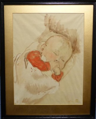 Lot 1013 - Vivien John (1915-1995) Portrait of a sleeping baby, half length, signed, watercolour, 44cm by 34cm