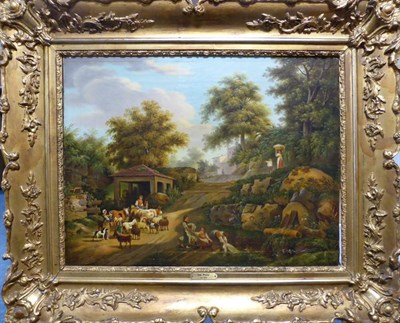 Lot 1017 - Continental School (19th century) Figures in a pastoral landscape with village beyond, oil on...