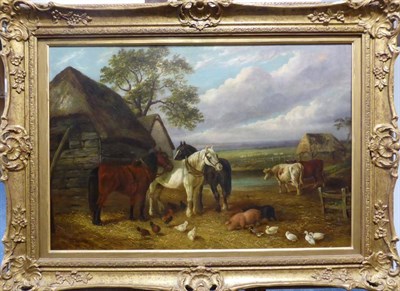 Lot 1022 - Follower of J.F.Herring (19th century) Horses and other farm animals in a stable yard, bears...