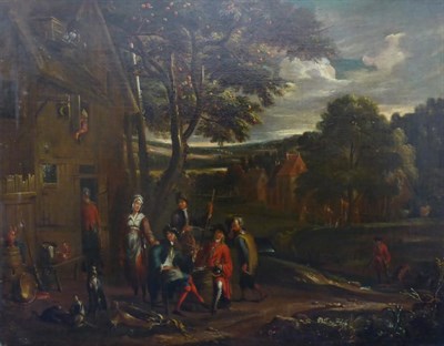 Lot 1023 - Circle of Peter Tillemans (c.1684 - 1734) A hunting party outside an inn, oil on canvas, 66.5cm...