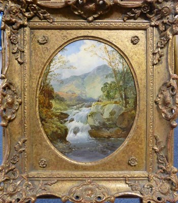 Lot 1027 - Circle of James Burrell Smith (1822-1897) Highland waterfall scene, oil on board, 25cm by 20cm...