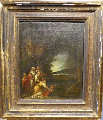 Lot 1029 - Follower of Salvator Rosa (1615-1673) Group of figures and an infant in a lakeland landscape,...