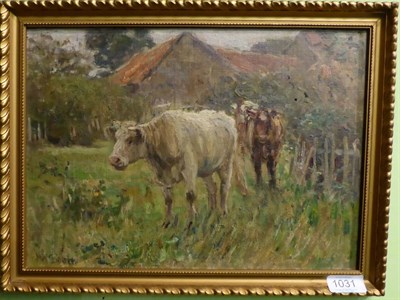 Lot 1031 - James William Booth (1887-1953) Cattle beside a farmyard fence, signed, oil on canvas board,...