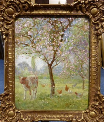 Lot 1037 - R S Mayer (Exh. 1911-1930) A calf and chickens in an orchard, oil on board, 24cm by 19cm