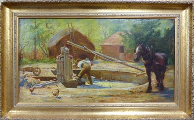 Lot 1041 - John Young Hunter (1874-1955) Farmyard scene with horse powered corn grinder and figure, signed and