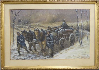 Lot 1042 - Fernand Lantoine (1876-1955) Soldiers travelling by horse and cart in the snow, signed, watercolour