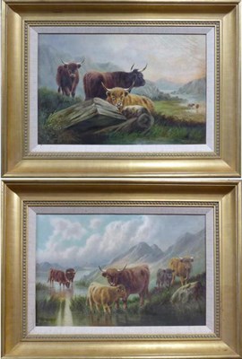 Lot 1043 - W.P Hollyer (1834-1932) Highland cattle in a landscape, signed, oil on canvas, together with a...