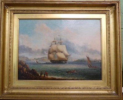 Lot 1049 - Thomas Lyde Hornbrook (c.1808-1855) Frigate entering Plymouth, initialled, oil on canvas, 29cm...