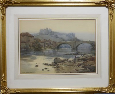 Lot 1061 - Noel Harry Leaver ARCA (1889-1951) Figure fishing before Richmond castle, signed, watercolour,...