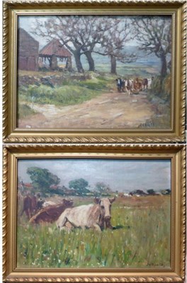 Lot 1063 - James William Booth (1887-1953) Cattle at rest in a summer landscape; Cattle moving along a...