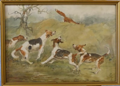 Lot 1066 - Miss Augusta Guest (c.1880-1959) Hounds pursuing a fox, monogrammed and dated 1955,...