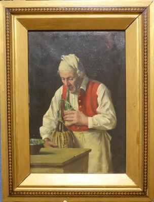 Lot 1067 - S Rutei (19th century) Italian, A gentleman blowing into a wine bottle, signed, oil on canvas, 31cm