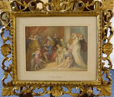 Lot 1069 - Attributed to Richard Westall (1756-1836) A group of figures before royalty, watercolour, 13.5cm by