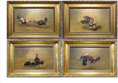 Lot 1070 - H Whittaker Reville (fl.1881-1903) Cock fighting, signed, oil on board, 13cm by 21.5cm (4)