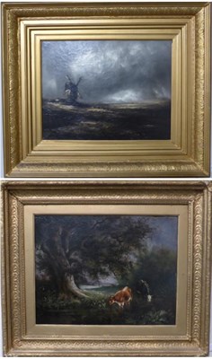 Lot 1081 - Attributed to Henry Bright (1810-1873) Windmill in a stormy landscape, oil on canvas, together with