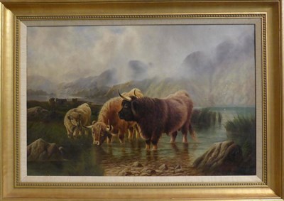 Lot 1082 - W.P Hollyer (1834-1932) Highland cattle watering, signed, oil on canvas, 49cm by 75cm