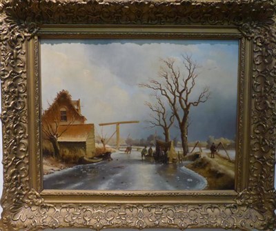 Lot 1090 - E V Heck (19th century) Frozen river scene, signed and dated 1885, oil on panel, 33.5cm by 43.5