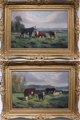 Lot 1102 - George Henry Hall (fl.1884-1890), Cattle grazing in a lakeland landscape; Cattle in an...