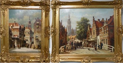 Lot 1105 - Pieter Cornelis Steenhouwer (1896-1972) Figures in a Dutch town, signed, oil on panel, together...