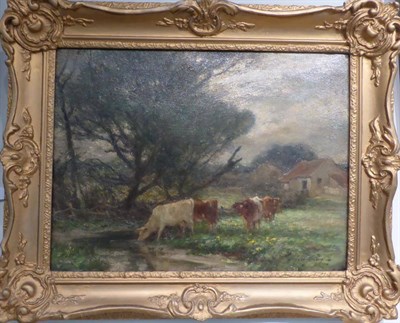 Lot 1110 - Owen Bowen (1873-1967) Cattle watering in a landscape, signed, oil on canvas, 44.5cm by 60cm