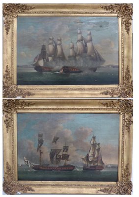 Lot 1111 - Follower of J. T Serres (1759- 1825) Galleon and other shipping off a coastline; Canon fire between