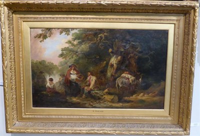 Lot 1117 - Follower of George Morland (1763-1804)  Travellers at rest in woodland, bears signature, oil on...