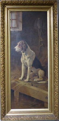 Lot 1128 - English School in the manner of Landseer (19th/20th century) Seated hound in a stable, oil on...