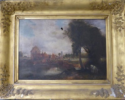 Lot 1131 - Norwich School (19th century) Village beside a canal with a figure at the loch gate, oil on canvas