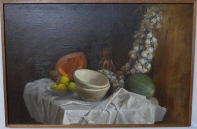 Lot 1138 - Continental School (mid 20th century) A still life of a plate of lemons, bowls, an earthenware jug