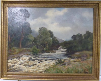 Lot 1145 - Hugh Allan (Ex.1880-1898) River landscape with bridge, signed, oil on canvas, 84.5cm by 110cm