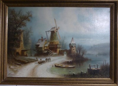 Lot 1146 - * Bredow (19th/20th century) Frozen river landscape with figures hauling timber before...