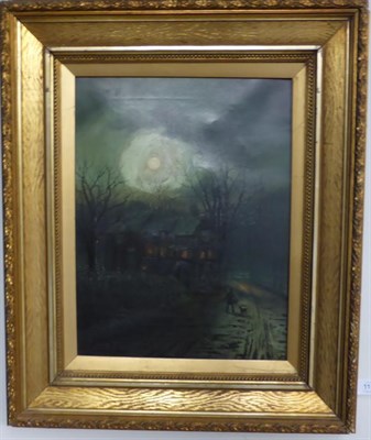 Lot 1152 - Walter Meegan (1859-1944) Figure and dog beside a Tudor house by moonlight, signed, oil on...