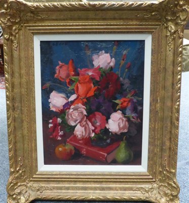 Lot 1153 - John Codner (1913-2008) Still life of roses and other flowers in a glass vase with an apple and...