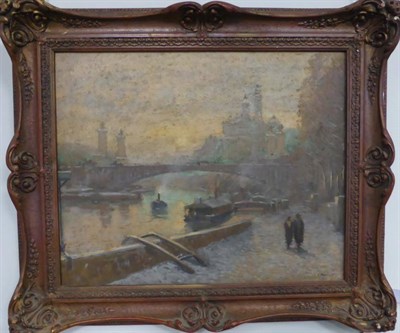 Lot 1158 - S Funell (Early 20th century) Figure walking beside a river in snow, signed, oil on canvas, 44cm by