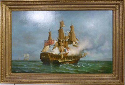 Lot 1161 - Jean Laurent (1898-1988) British and French Naval engagement, signed, oil on canvas, 122cm by 76cm