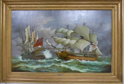 Lot 1162 - Jean Laurent (1898-1988) British and Spanish Naval engagement, signed, oil on canvas, 74.5cm by...