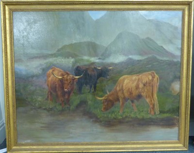 Lot 1163 - Circle of Wright Barker (1864-1941) Highland cattle watering in a landscape, indistinctly...
