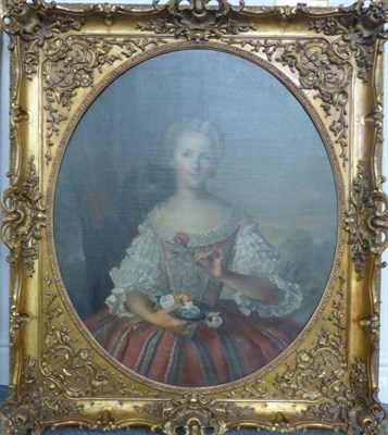 Lot 1165 - French School (In the 18th century style) Portrait of an elegant young lady holding a posy of...