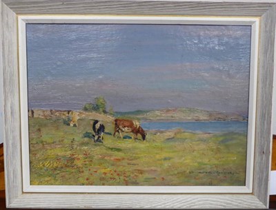 Lot 1170 - William Arthur Laurie Carrick (1879-1964) Cattle grazing in a summer meadow, signed, oil on...