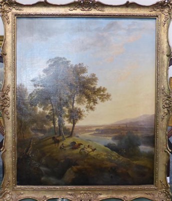 Lot 1172 - ^Patrick Nasmyth (1787-1831) Resting figure with livestock in an extensive summer landscape, signed