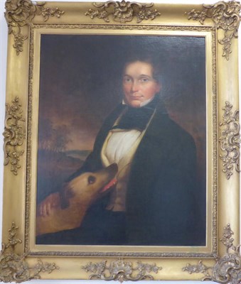 Lot 1178 - British School (19th century) A gentleman seated before a landscape with his hound to his side, oil