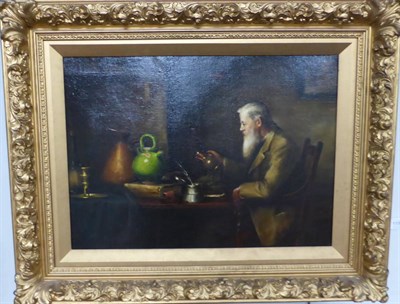 Lot 1181 - Follower of Charles Spencelayh (1865-1958) ";Assessing the wares";, oil on canvas, 39cm by 54.5cm