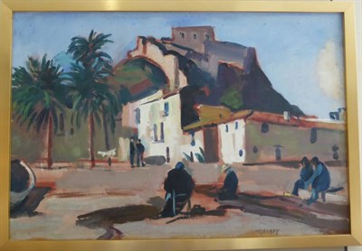 Lot 1193 - Philip Naviasky (1894-1983)  Figures in village square with palm trees, signed, oil on canvas...