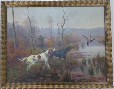 Lot 1194 - B Roussel (Early 20th century) Duck shooting with retrievers, signed, oil on canvas, 49cm by 63.5cm