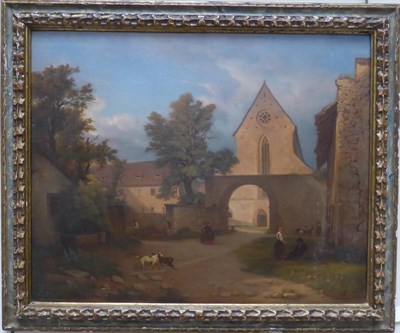 Lot 1195 - Follower of Cornelis Springer (1817-1891) Figures before a church, oil on canvas, 49.5cm by...