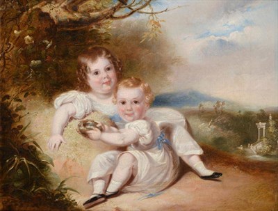 Lot 1198 - British School (19th century) Young children in a landscape holding a birds nest, indistinctly...