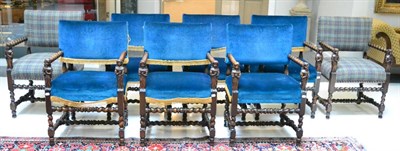 Lot 1420 - A set of eight 17th century style elbow chairs, six upholstered in blue velvet, two upholstered...