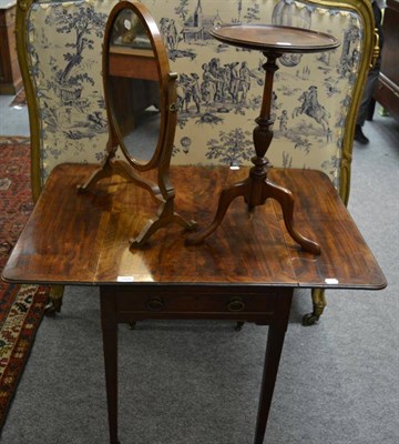 Lot 1496 - George III mahogany Pembroke table with quarter veneer top, a mahogany tripod wine table, a...