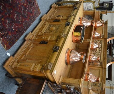 Lot 1518 - A Victorian carved oak sideboard, the superstructure of breakfront form with dentil cornice above a