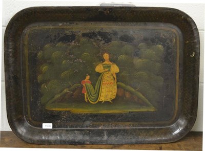 Lot 1536 - An early 19th century toleware tray decorated with a primitive figure of a lady and attendant, 75cm